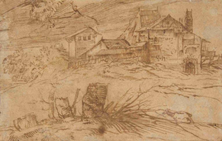 Landscape with a Goat,Titian,Copperplate Etching,Copperplate Etching, monochrome, house, tree, scenery