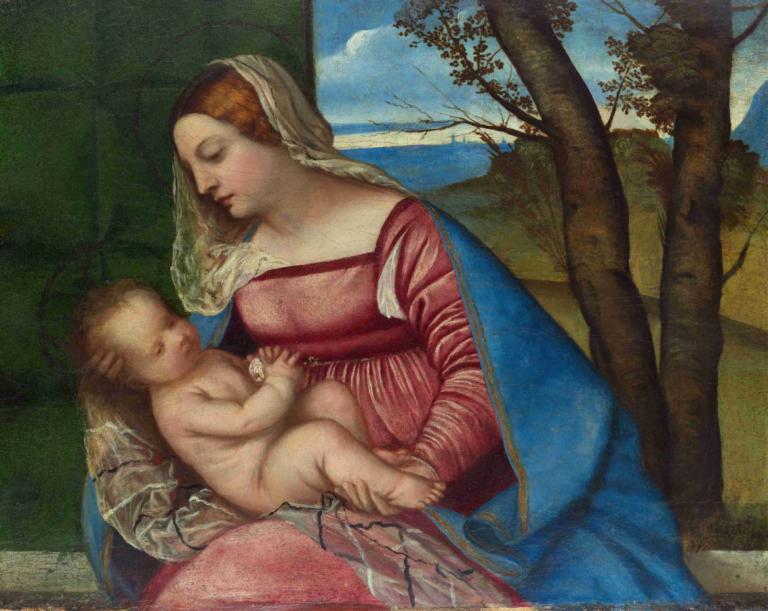 Madonna and Child,Titian,Oil Painting,Oil Painting, fine art parody, baby, 1girl, parody, tree, realistic