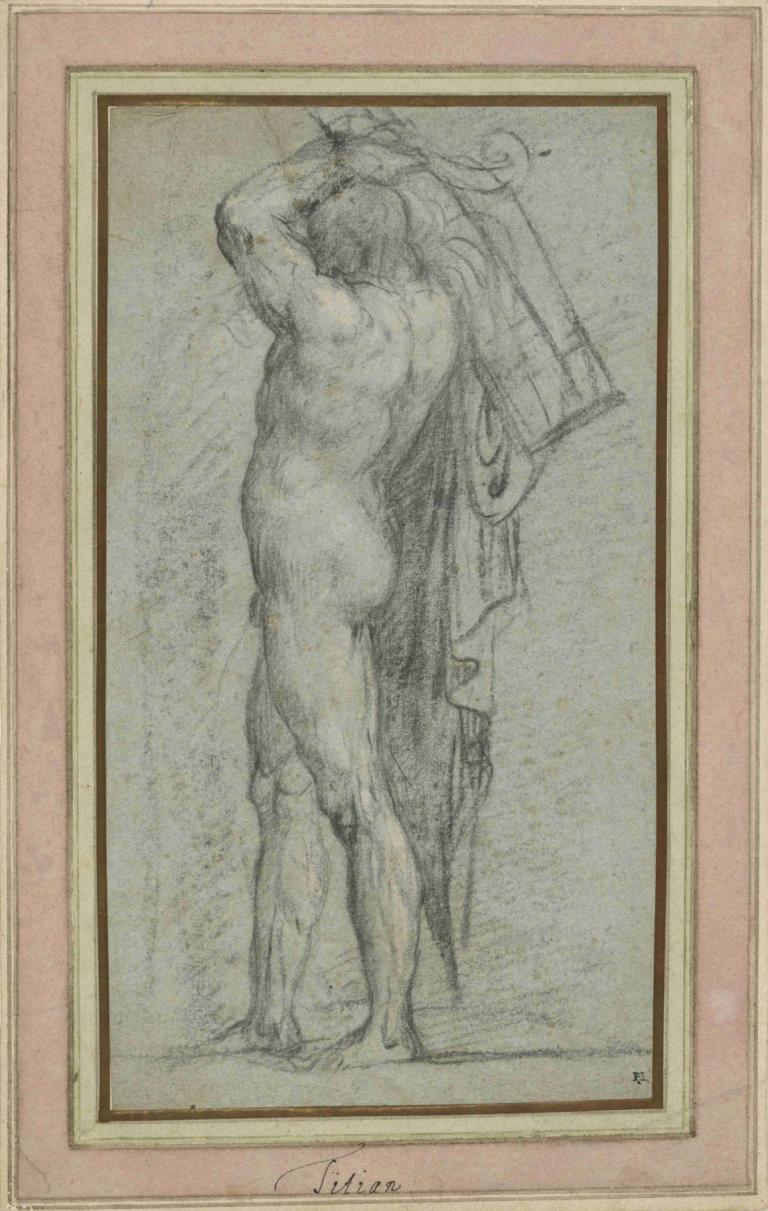 Nude Man Carrying a Rudder on His Shoulder,Titian,Sketch,Sketch, 1boy, male focus, solo, ass, nude