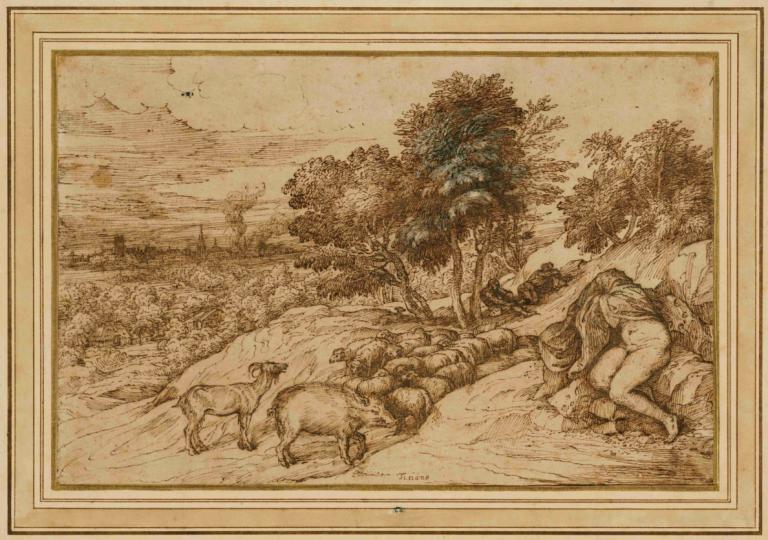 Pastoral Scene,Titian,Copperplate Etching,Copperplate Etching, tree, monochrome, sepia, outdoors, nature