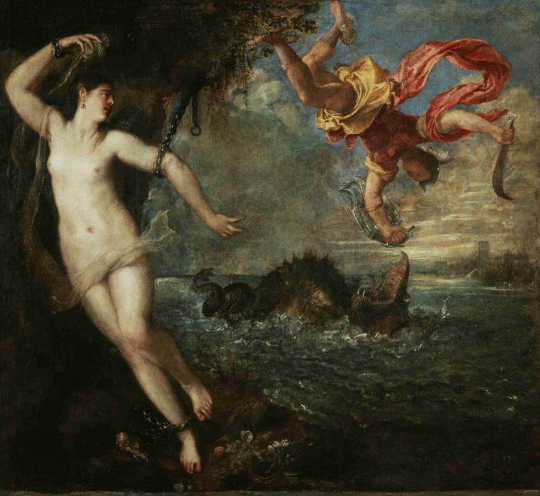 Perseus and Andromeda,Titian,Oil Painting,Oil Painting, fine art parody, 1girl, barefoot, 1boy, water, nude