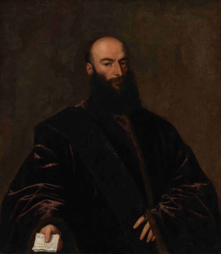 Portrait of Giacomo di Andrea Dolfin,Titian,Oil Painting,Oil Painting, facial hair, 1boy, male focus, beard