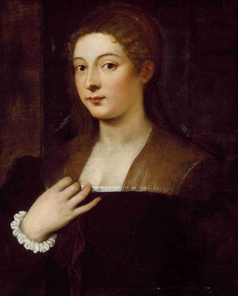 Portrait of a Lady,Titian,Oil Painting,Oil Painting, solo, 1girl, brown hair, realistic, looking at viewer