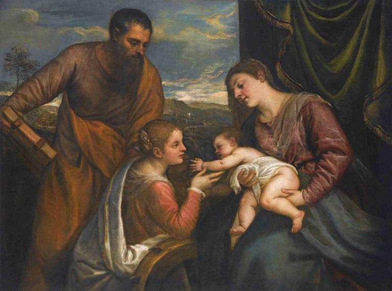 The Madonna And Child With Saints Luke And Catherine Of Alexandria,圣母子与圣人路加和亚历山大的凯瑟琳,Titian,提香,油画,油画, 美术模仿