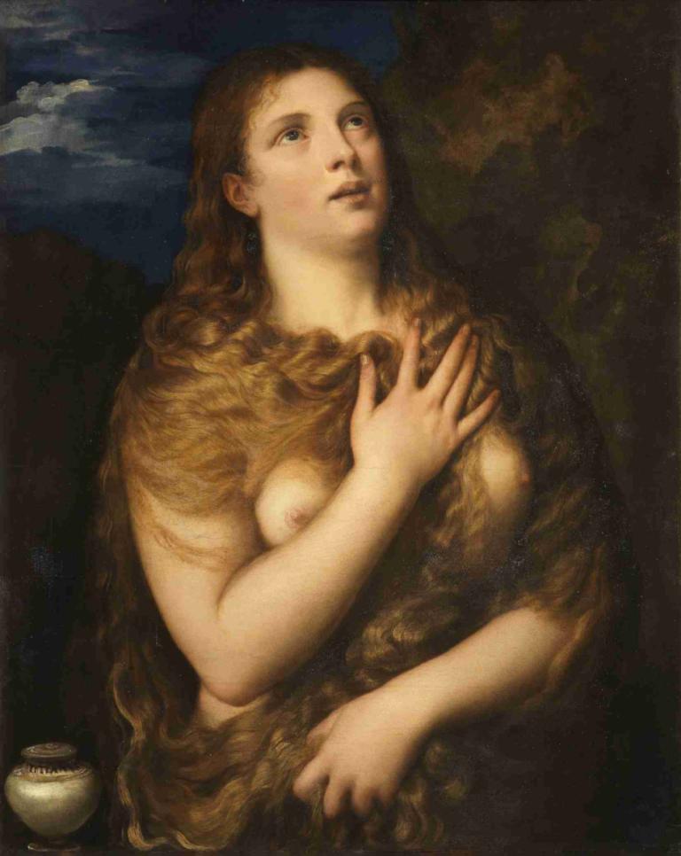 The Penitent Magdalene,忏悔的抹大拉,Titian,提香,油画,油画, 美术模仿, 1个女孩, 独奏, 乳头, 长发, 乳房, 裸体, 实际的, 棕色的头发, 戏仿, 假传统媒体, 蓝眼睛, 天空