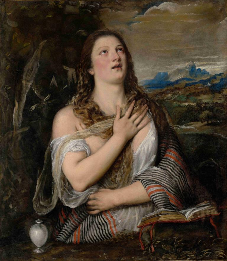 The Penitent Magdalene,忏悔的抹大拉,Titian,提香,油画,油画, 美术模仿, 1个女孩, 独奏, 棕色的头发, 书, 戏仿, 实际的, 抬头看, 树, 长发, 云, 假传统媒体, 传统媒体