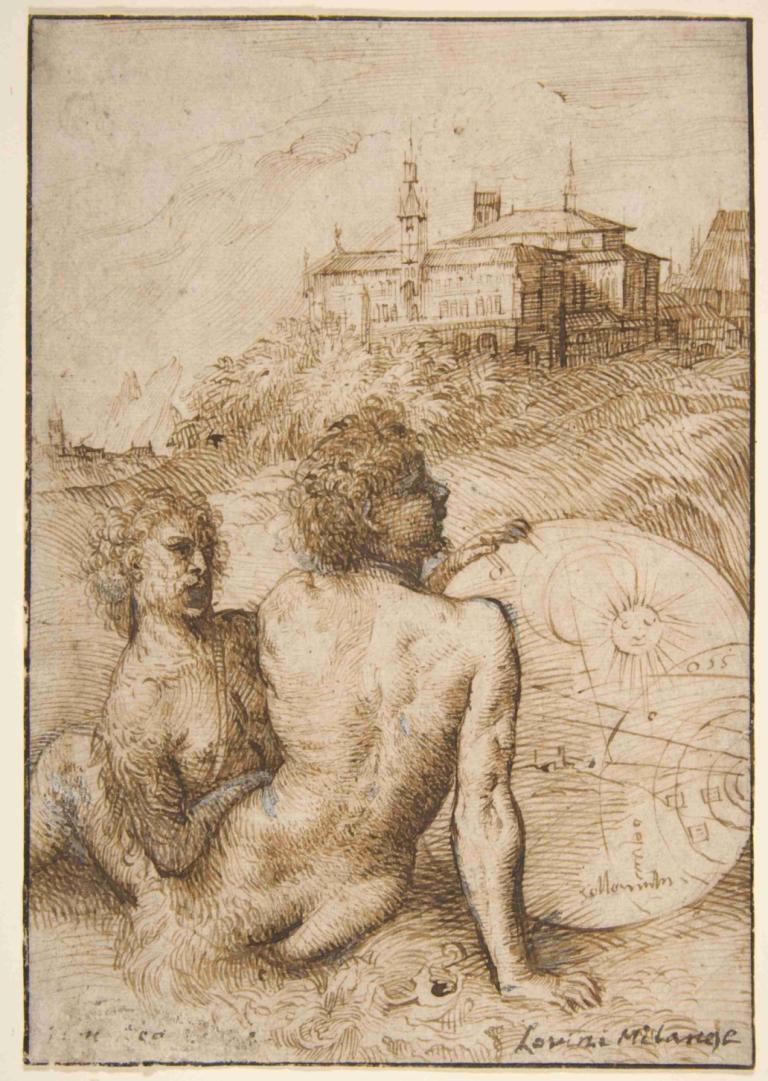 Two Satyrs in a Landscape,풍경 속의 두 사티르,Titian,동판 에칭,동판 에칭, 나체상, 단색화, 여자 1명, 1남, 괴물 소녀, 미술 패러디, 인어, 세피아, 전통 미디어