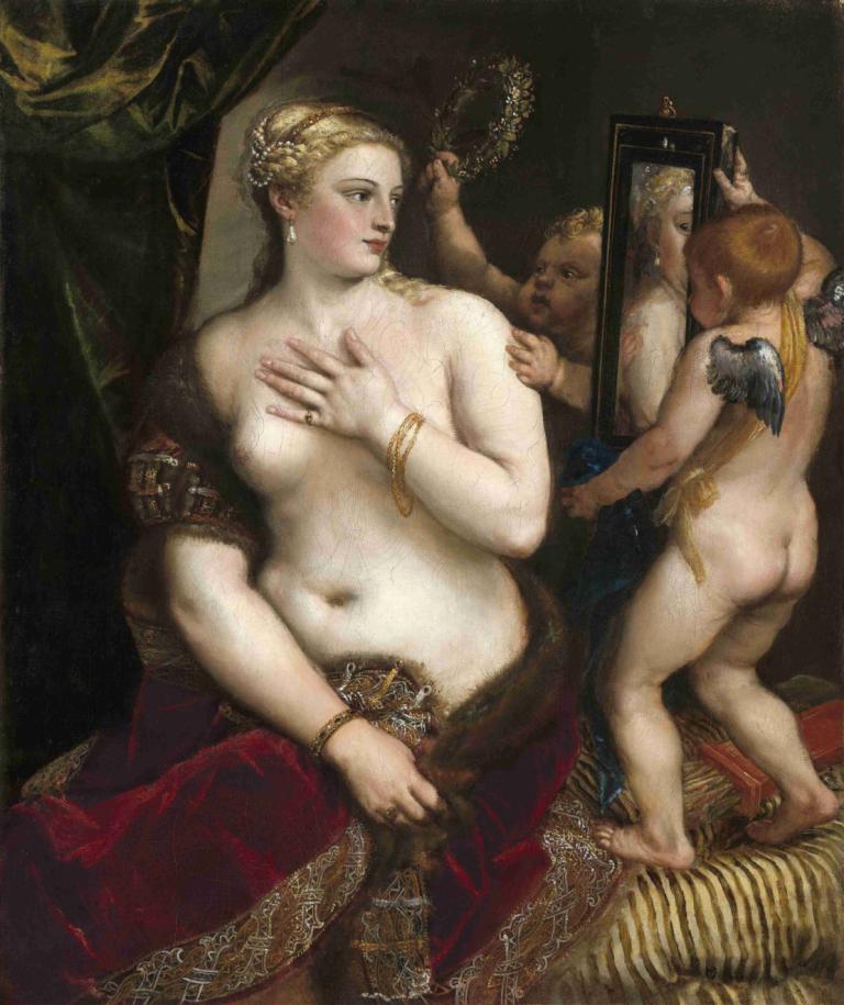 Venus With a Mirror,Titian,Oil Painting,Oil Painting, fine art parody, mirror, blonde hair, jewelry, parody