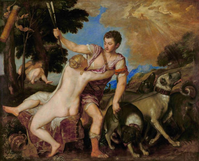 Venus and Adonis,Titian,Oil Painting,Oil Painting, fine art parody, nude, 1girl, faux traditional media, ass