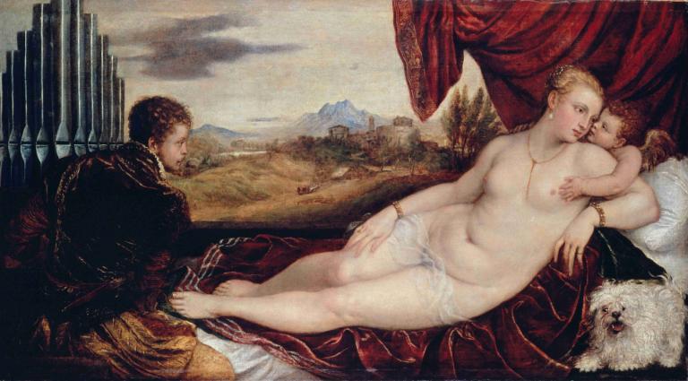 Venus with the Organ Player,Titian,Oil Painting,Oil Painting, fine art parody, blonde hair, parody, jewelry