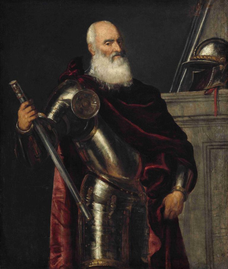 Vincenzo Cappello,Titian,Oil Painting,Oil Painting, 1boy, armor, male focus, weapon, sword, solo, facial hair