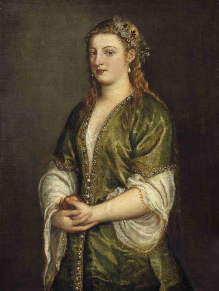 Woman Holding an Apple,Kvinde, der holder et æble,Titian,Tizian,Oliemaleri,Oliemaleri, 1 pige, solo