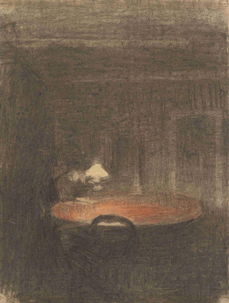 Figure Reading at a Table in an Interior at Night,Vilhelm Hammershøi,Illustration,Illustration, solo