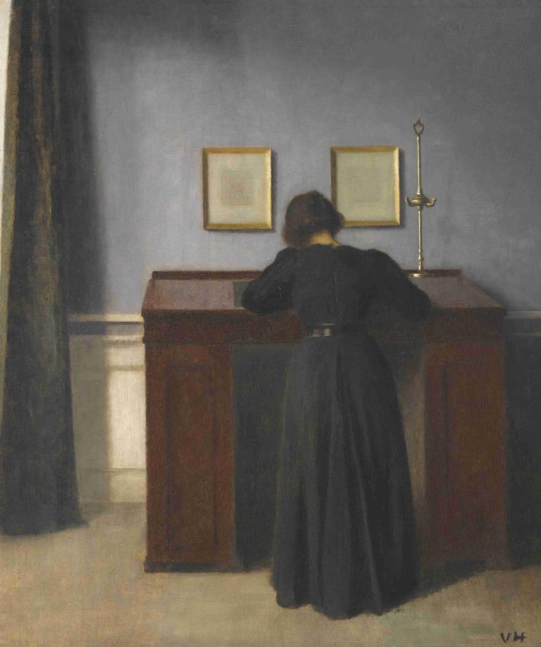 Ida Standing At A Desk,ไอด้ายืนอยู่บนโต๊ะทํางาน,Vilhelm Hammershøi,เวลไฮม์ แฮมเมอร์ช?,ภาพประกอบ,ภาพประกอบ