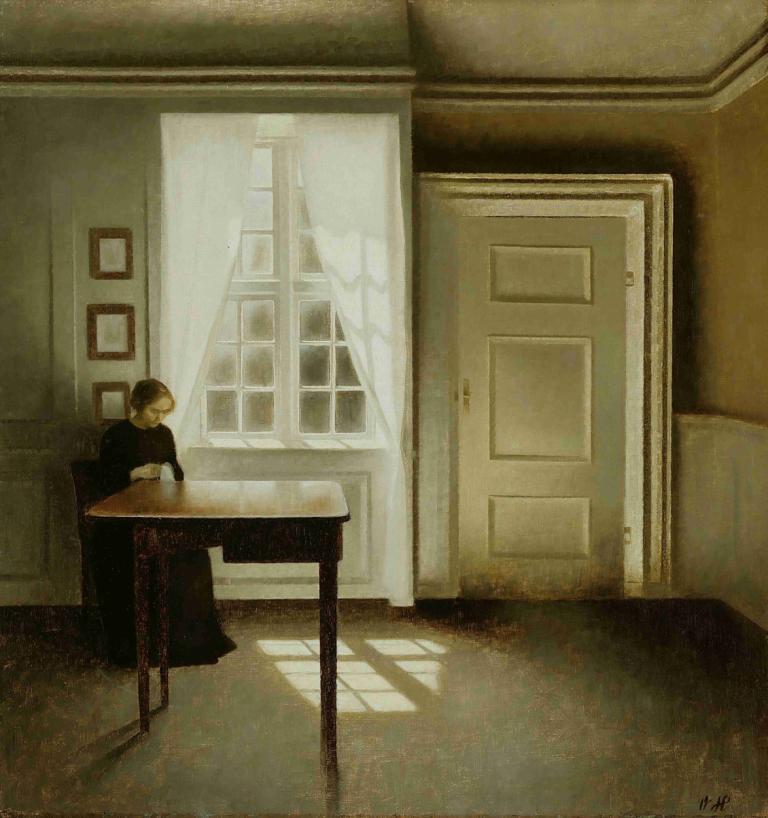 Interior With A Lady,Vilhelm Hammershøi,Illustration,Illustration, window, solo, indoors, table, sitting