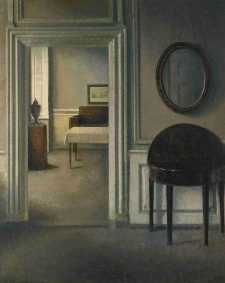 Interior With A Mirror,Vilhelm Hammershøi,Illustration,Illustration, no humans, indoors, door, table