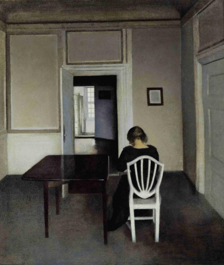 Interior With Ida in A White Chair,Vilhelm Hammershøi,Illustration,Illustration, window, solo, 1girl, chair