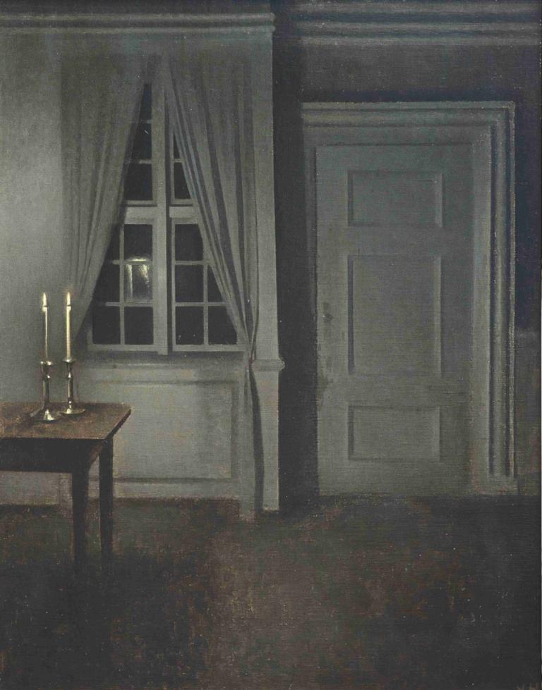 Interior With Two Candles,촛불 두 개가 있는 인테리어,Vilhelm Hammershøi,빌헬름 하머쇼이,일러스트레이션,일러스트레이션, 양초, 인간은 없어, 창문, 테이블