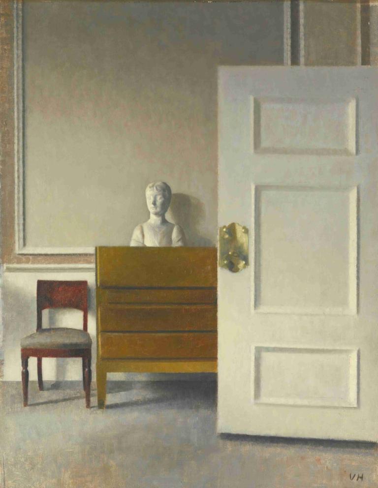 Interior with a bust,Vilhelm Hammershøi,Illustration,Illustration, solo, chair, shirt, shadow, indoors