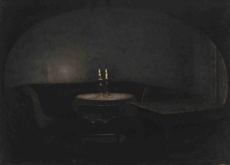 Interior. Artificial Light,Vilhelm Hammershøi,Illustration,Illustration, candle, solo, dark, 1girl, table