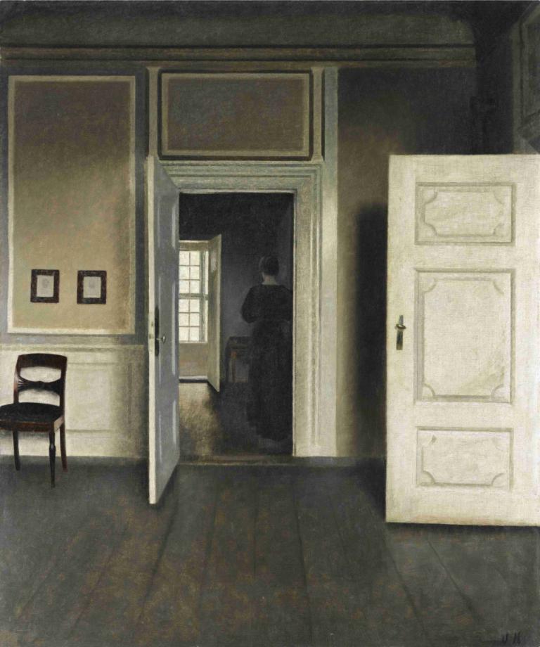 Interior. Strandgade 30,Innen. Strandgade 30,Vilhelm Hammershøi,Abbildung,Abbildung, Stuhl, Tür, Fenster