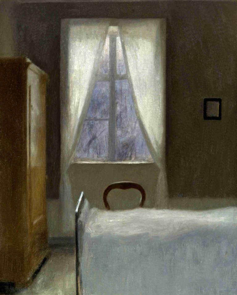 Interior,Vilhelm Hammershøi,Illustration,Illustration, window, no humans, indoors, curtains, scenery, door