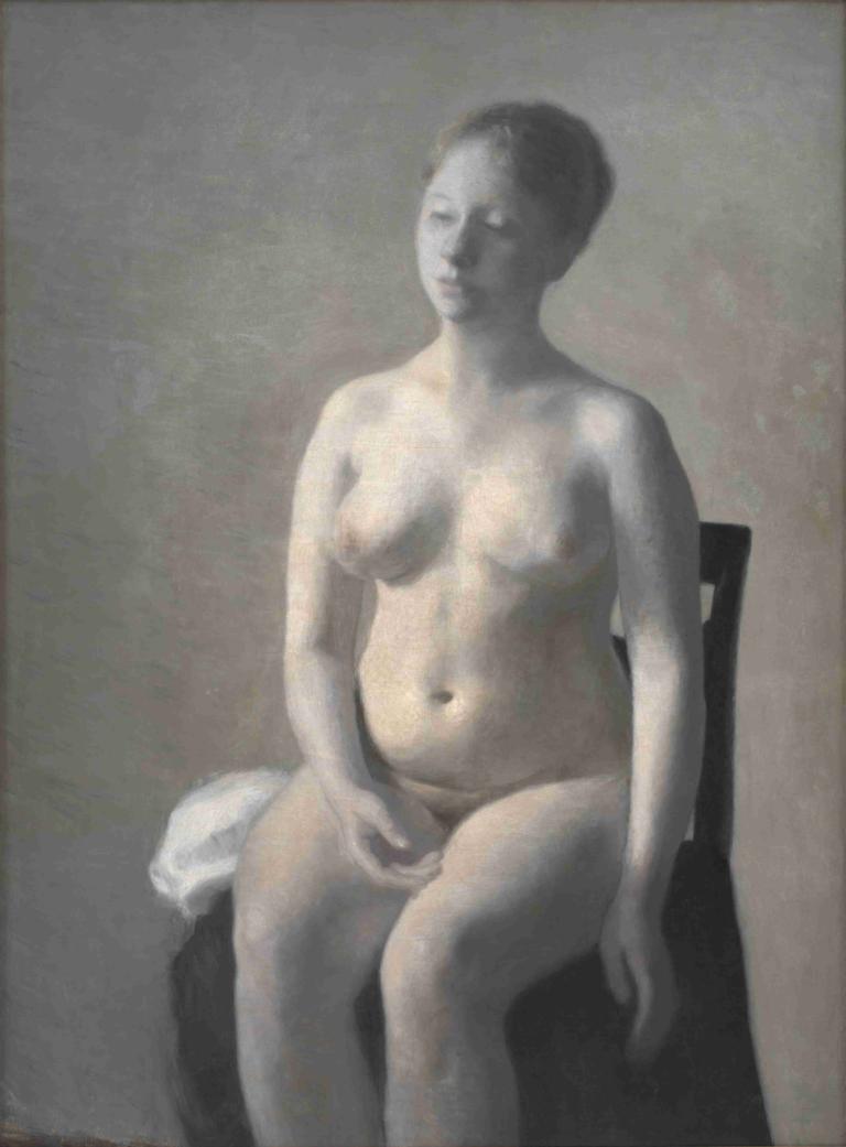 Seated Female Nude,앉은 여성 누드,Vilhelm Hammershøi,빌헬름 하머쇼이,일러스트레이션,일러스트레이션, 여자 1명, 미술 패러디, 독주, 젖꼭지, 현실적인, 가슴