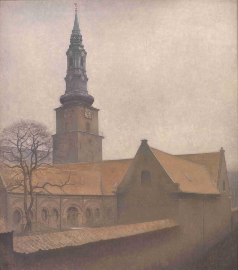 St. Peter's Church, Copenhagen,성 베드로 교회, 코펜하겐,Vilhelm Hammershøi,빌헬름 하머쇼이,일러스트레이션,일러스트레이션, 인간은 없어, 나무