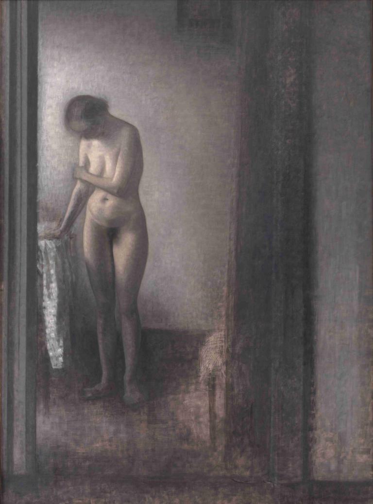 Standing Female Nude,서 있는 여성 누드,Vilhelm Hammershøi,빌헬름 하머쇼이,일러스트레이션,일러스트레이션, 여자 1명, 독주, 나체상, 가슴, 공포 (테마)