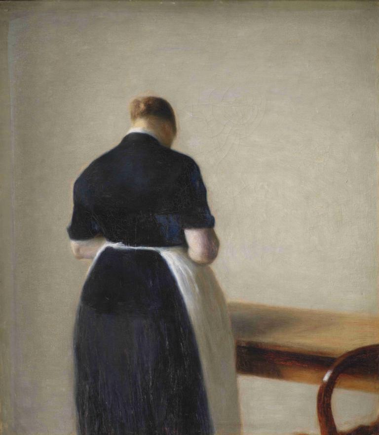 Woman seen from the Back,Vrouw gezien vanaf de achterkant,Vilhelm Hammershøi,Olieverf,Olieverf