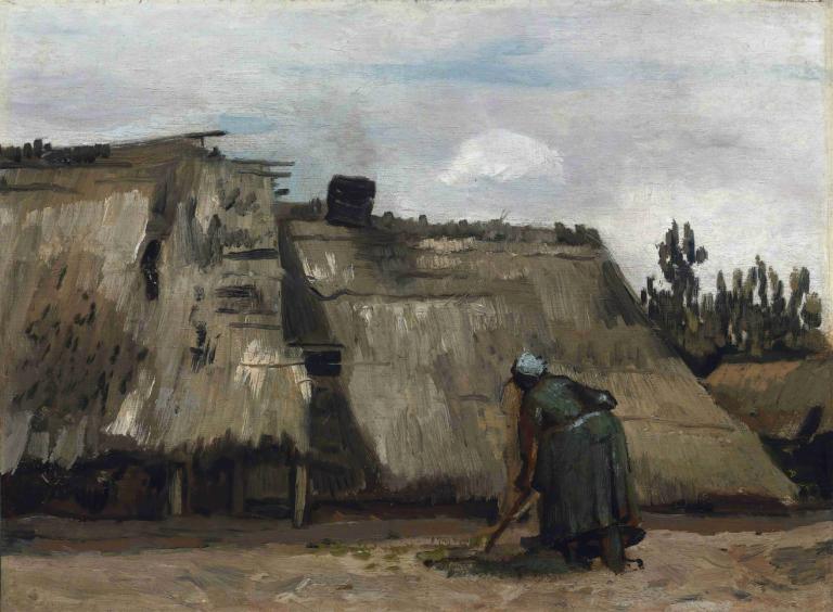 A Peasant Woman Digging in Front of Her Cottage,Vincent van Gogh,Oil Painting,Oil Painting, outdoors, 1boy