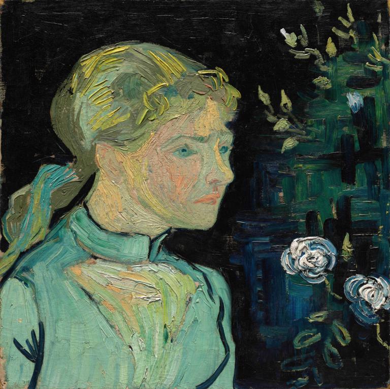 Adeline Ravoux,Vincent van Gogh,Oil Painting,Oil Painting, solo, blonde hair, flower, white flower