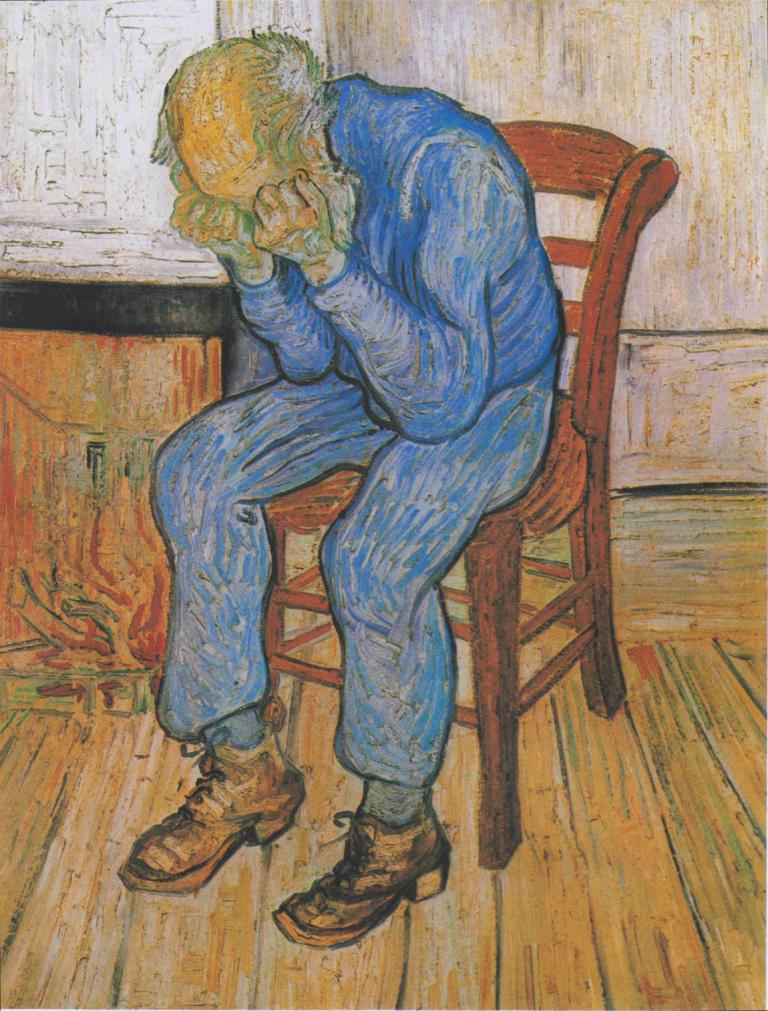 At Eternity's Gate,Vincent van Gogh,Oil Painting,Oil Painting, 1boy, male focus, solo, sitting, chair