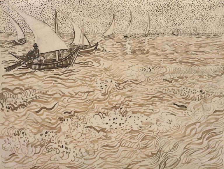 Boats at Saintes-Maries,Vincent van Gogh,Copperplate Etching,Copperplate Etching, watercraft, boat