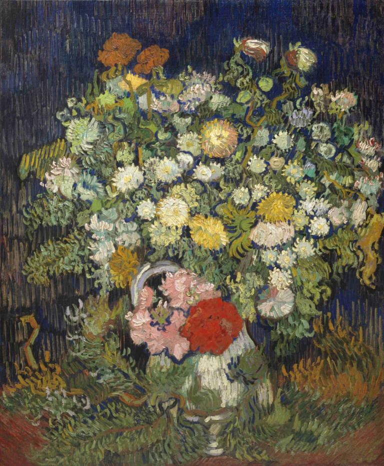 Bouquet of Flowers in a Vase,Vincent van Gogh,Oil Painting,Oil Painting, flower, solo, 1girl, plant