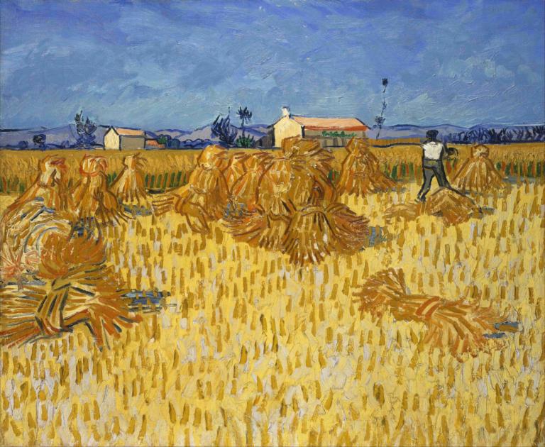 Corn Harvest in Provence,普羅旺斯的玉米收穫,Vincent van Gogh,文森特·梵高,油畫,油畫, 戶外, 黑褲子, 天空, 白襯衫, 襯衫, 場地, 超現實的, 1男孩, 藍天, 褲子