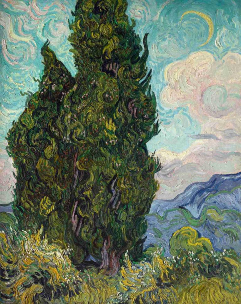 Cypresses,Vincent van Gogh,Oil Painting,Oil Painting, no humans, cloud, sky, scenery, tree, outdoors, moon