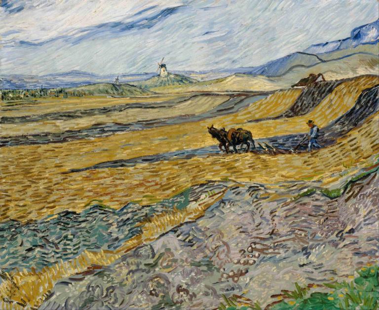 Enclosed Field with Ploughman,有耕牛的封闭田地,Vincent van Gogh,文森特-凡高,油画,油画, 户外, 风景, 传统媒体, 马, 天空, 云, 场地, 骑术, 草, 景观