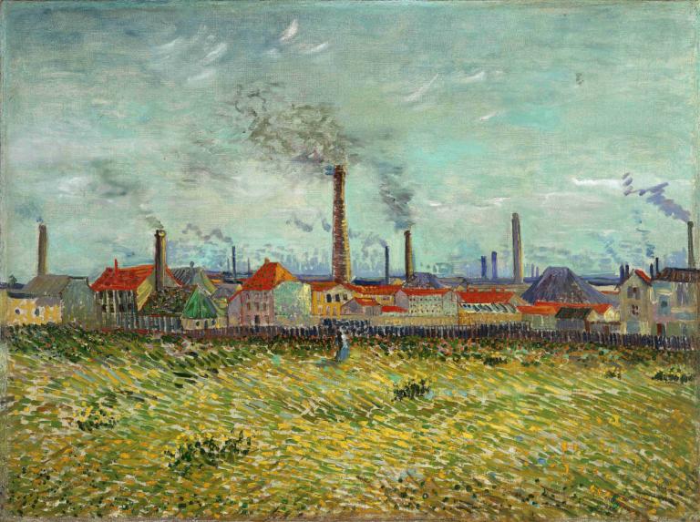 Factories at Clichy,克利希的工廠,Vincent van Gogh,文森特·梵高,油畫,油畫, 風景, 戶外, 傳統媒體, 沒有人類, 場地, 天空, 花, 繪畫（中）, 雲, 大樓, 風車, 草