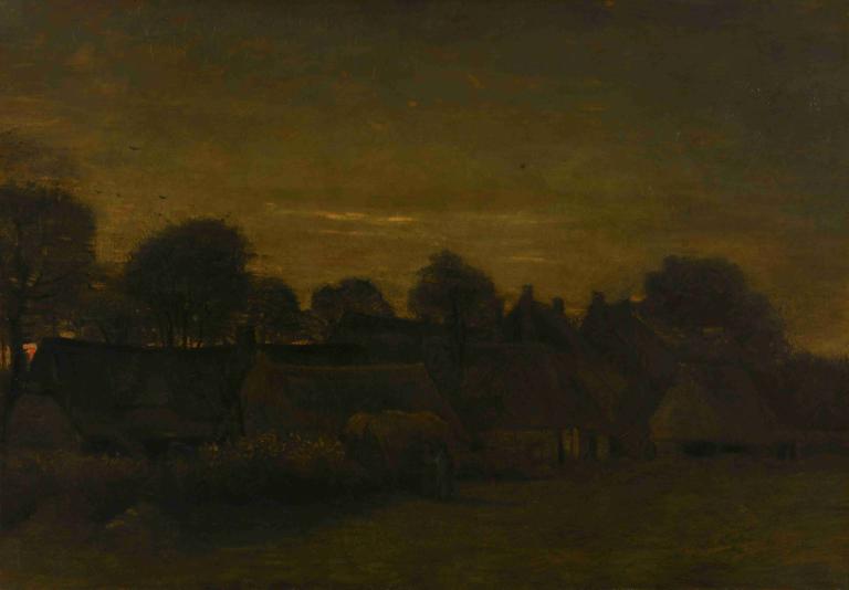 Farming Village at Twilight,Vincent van Gogh,Oil Painting,Oil Painting, scenery, tree, outdoors, sky, cloud