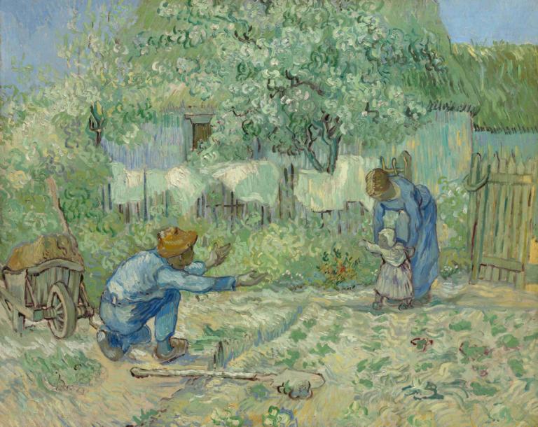 First Steps, after Millet,Vincent van Gogh,Oil Painting,Oil Painting, 1girl, hat, outdoors, tree, 1boy, 2boys