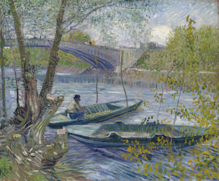 Fishing in Spring, the Pont de Clichy (Asnières),春天垂钓，克利希桥（阿斯尼耶尔）,Vincent van Gogh,文森特-凡高,油画,油画, 树, 传统媒体