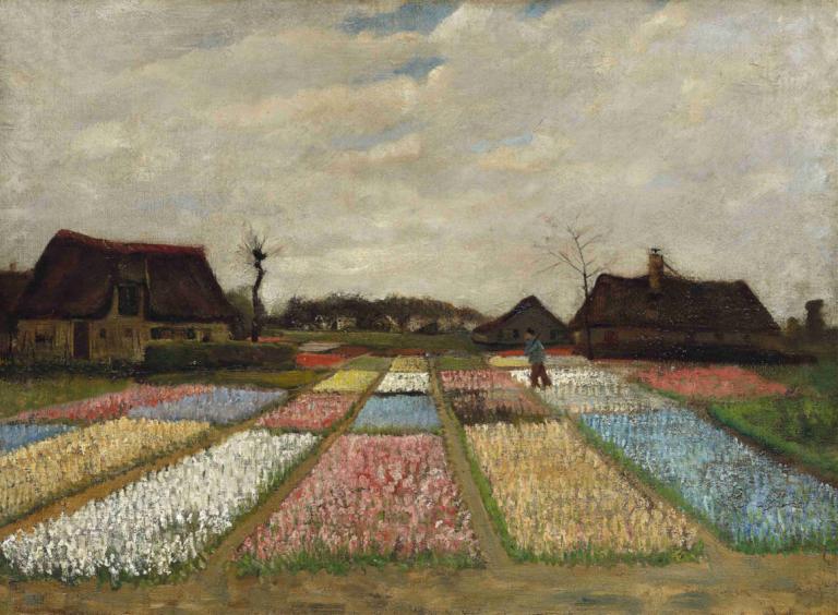 Flower Beds in Holland,Vincent van Gogh,Oil Painting,Oil Painting, outdoors, cloud, tree, scenery, sky