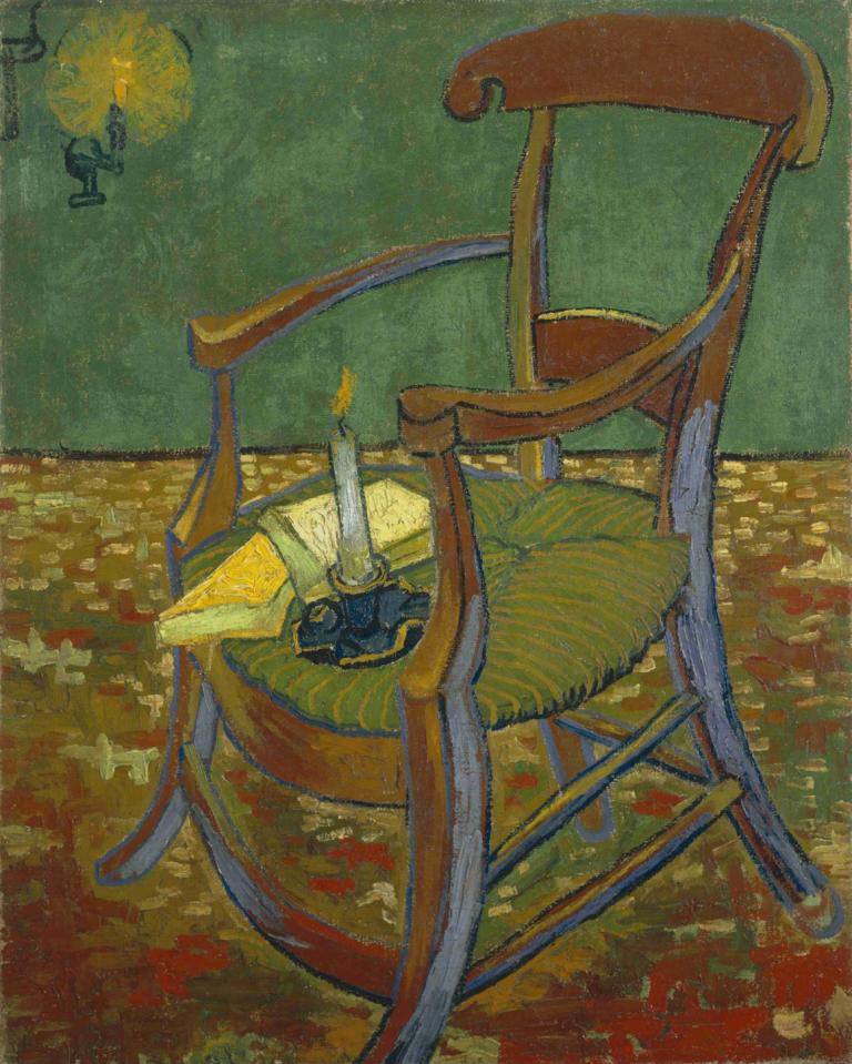 Gauguin's Chair,Vincent van Gogh,Oil Painting,Oil Painting, candle, chair, fire, book, indoors, table, bed