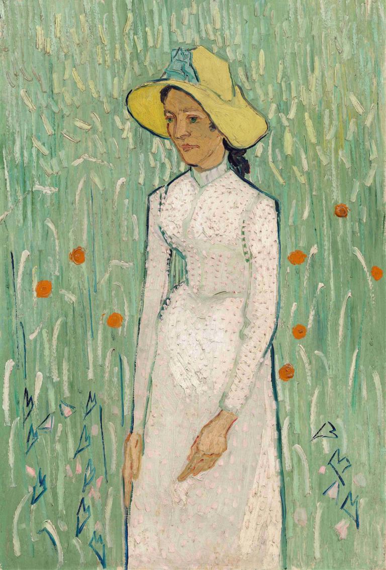 Girl in White,Vincent van Gogh,Oil Painting,Oil Painting, 1girl, solo, hat, dress, white dress, black hair