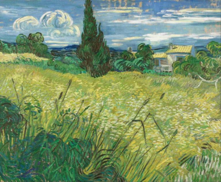 Green Field,Vincent van Gogh,Oil Painting,Oil Painting, scenery, no humans, outdoors, cloud, sky, grass, tree