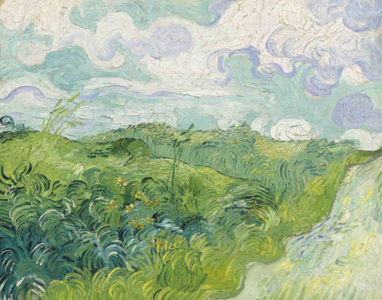 Green Wheat Fields, Auvers,푸른 밀밭, 오베르,Vincent van Gogh,빈센트 반 고흐,오일 페인팅,오일 페인팅, 구름, 옥외, 경치, 잔디, 인간은 없어, 하늘, 필드