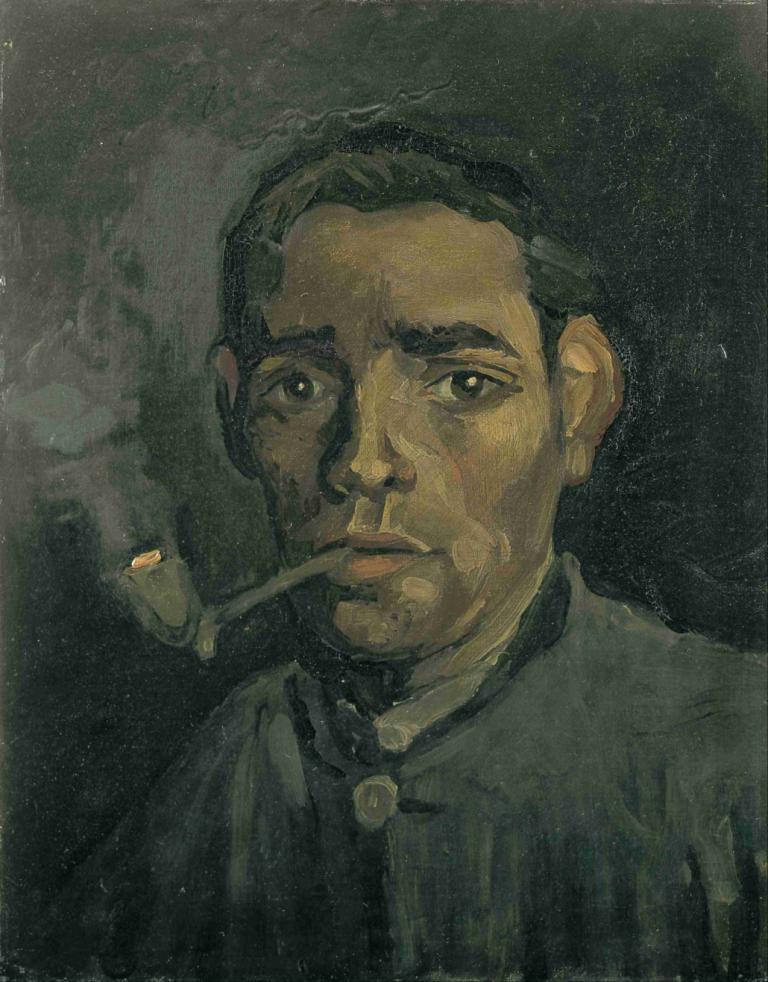 Head Of A Man,Vincent van Gogh,Oil Painting,Oil Painting, 1boy, male focus, solo, black hair, smoking, smoke