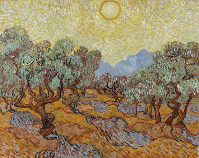 Olive Trees,橄榄树,Vincent van Gogh,文森特-凡高,油画,油画, 树, 风景, 户外, 自然, 山, 传统媒体, 太阳, 独奏