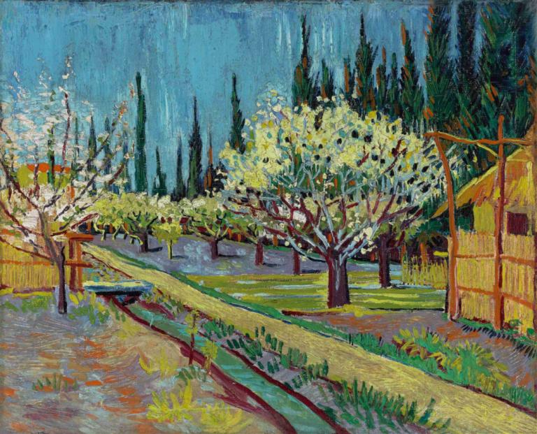 Orchard Bordered by Cypresses,翠柏环绕的果园,Vincent van Gogh,文森特-凡高,油画,油画, 树, 没有人类, 户外, 传统媒体, 风景, 草, 绘画（中）, 路, 天